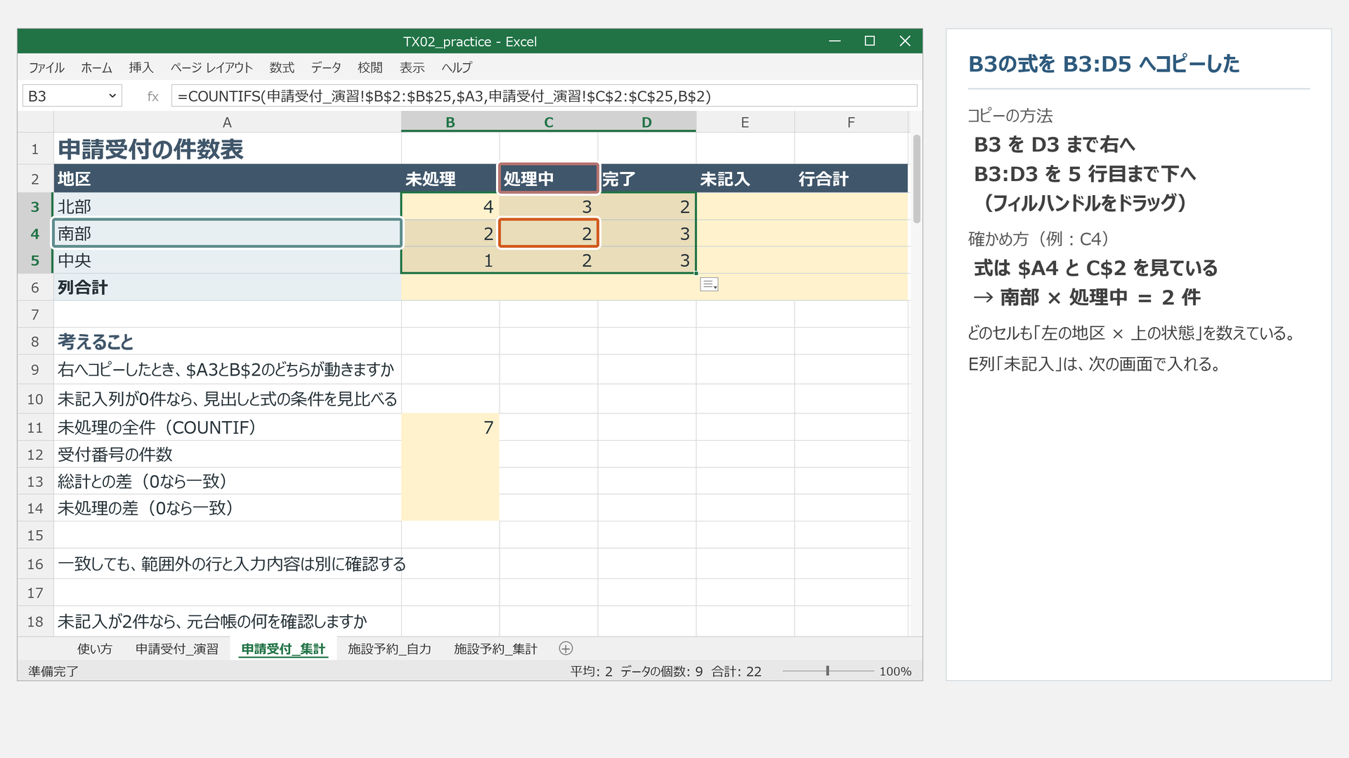 申請受付集計のB3:D5に式をコピーした状態の模式図
