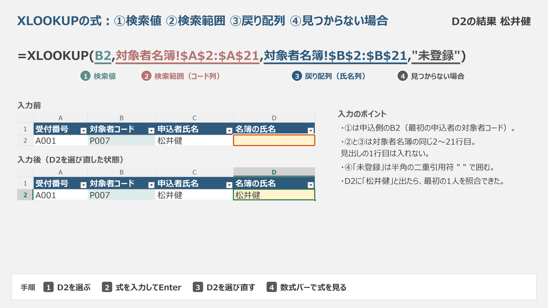 D2のXLOOKUPを四つの指定に分け、松井健が返る状態を示す模式図