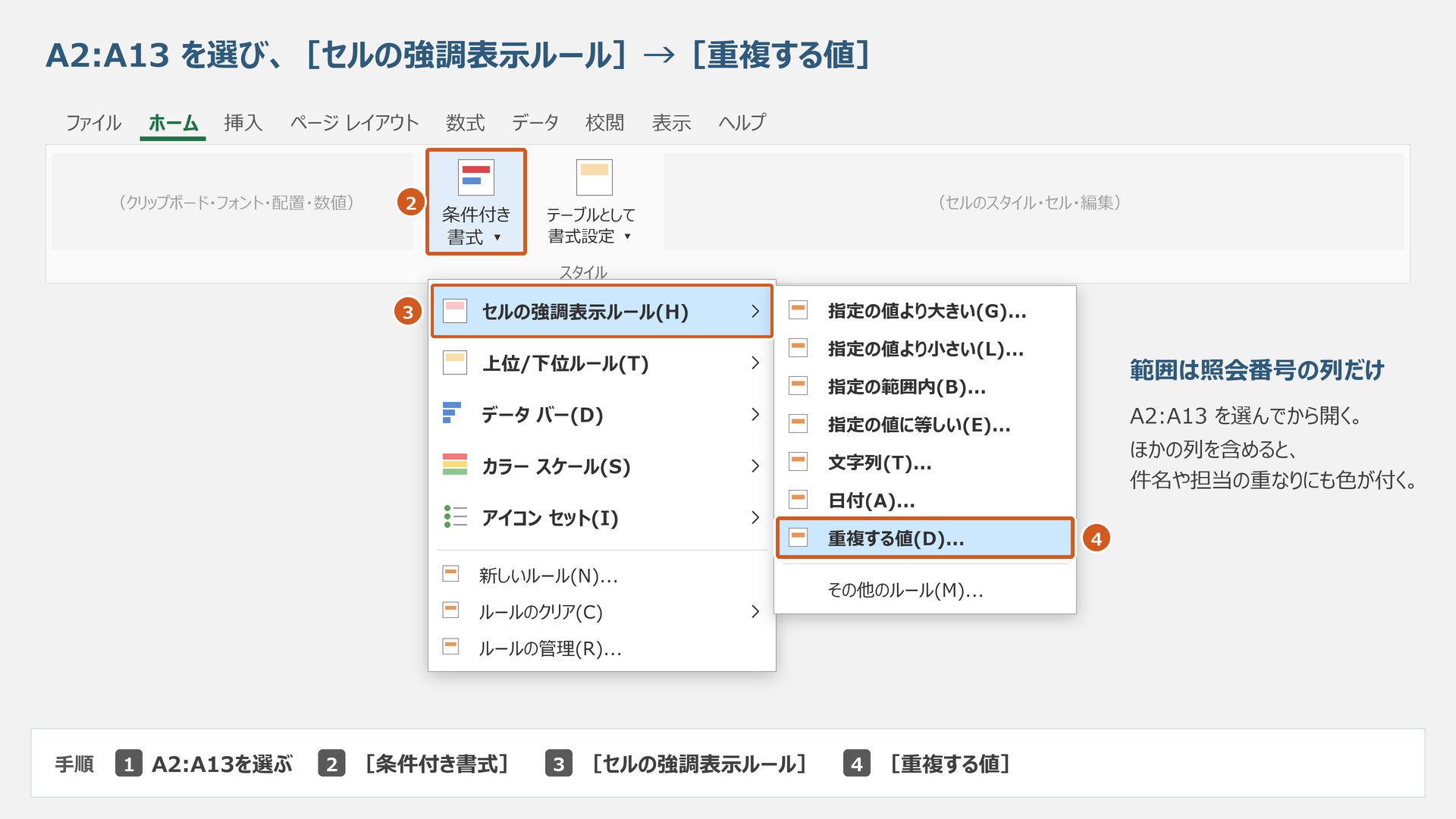 番号列A2:A13を対象に、セルの強調表示ルールから重複する値を選びます。