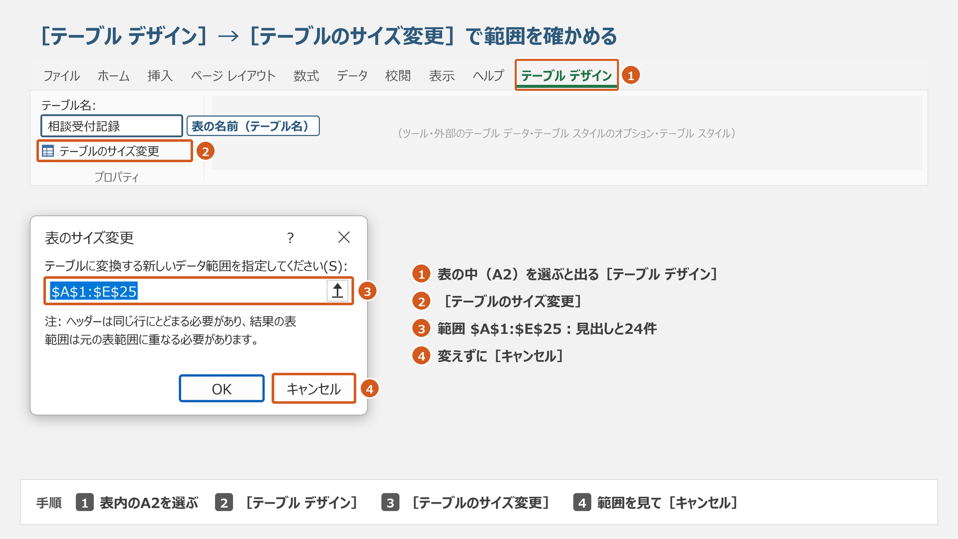 相談受付記録のテーブル名と、見出しを含む開始範囲$A$1:$E$25を確認します。