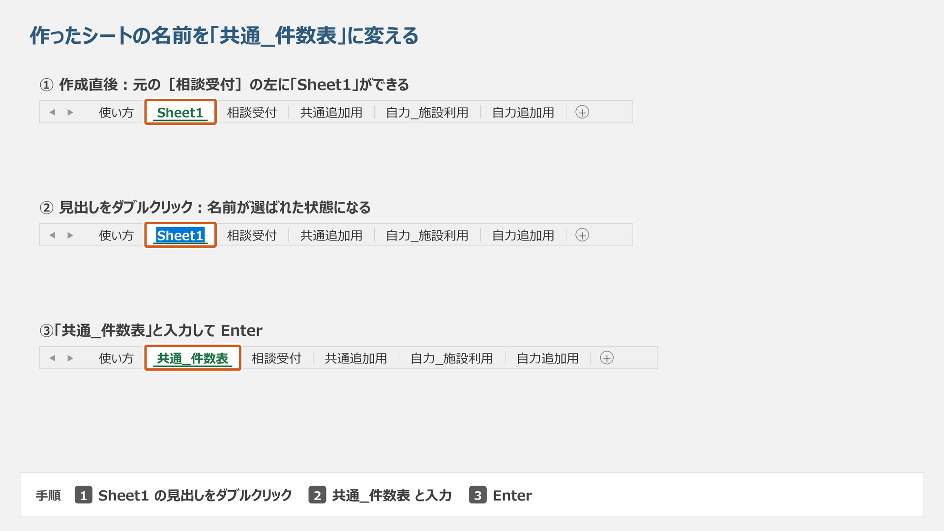 シート見出しをダブルクリックし、共通_件数表へ改名してEnterで確定します。